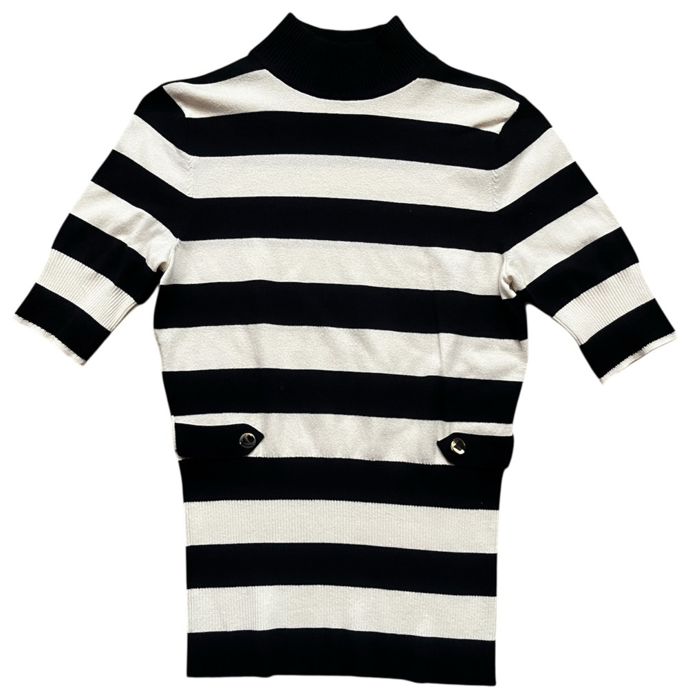 Cache Black and White Striped Turtleneck Shirt